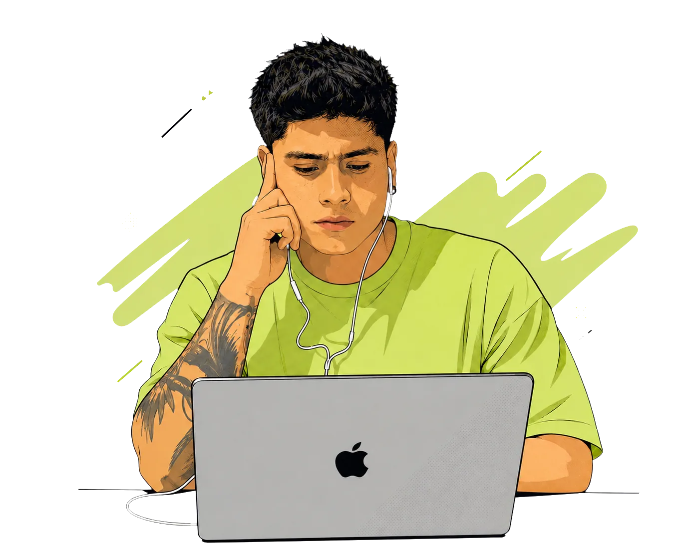 Ilustración de Jayro Anghelo trabajando concentrado frente a su portátil