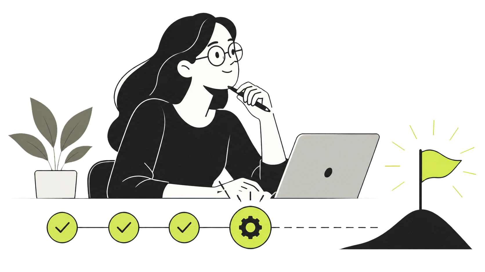 Ilustración de una profesional trabajando junto a los pasos de un proceso