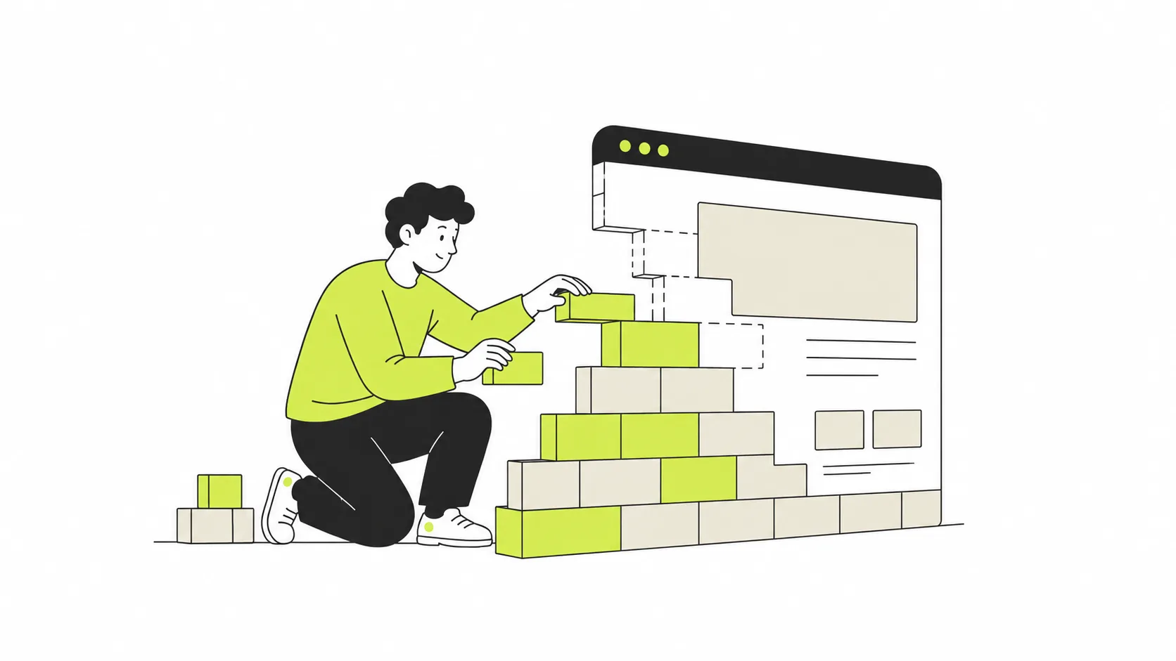Una persona construye una web para ordenador y móvil bloque a bloque